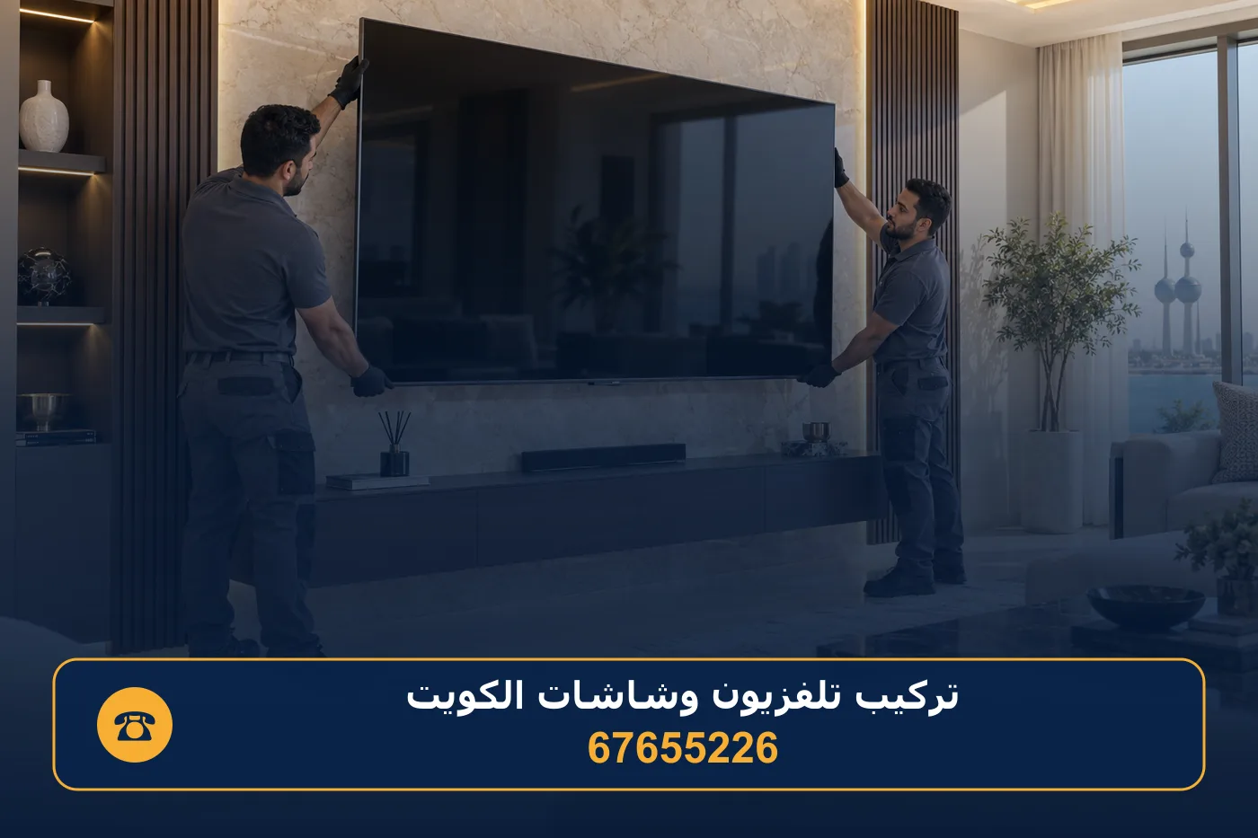 فنيان يرفعان شاشة تلفزيون كبيرة لتعليقها على حامل مثبّت في الجدار